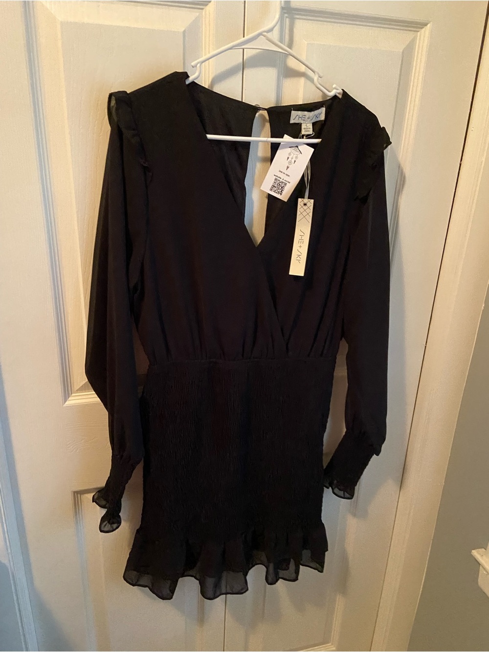 She + Sky Black Long Sleeve Smocked Waist Mini Dress